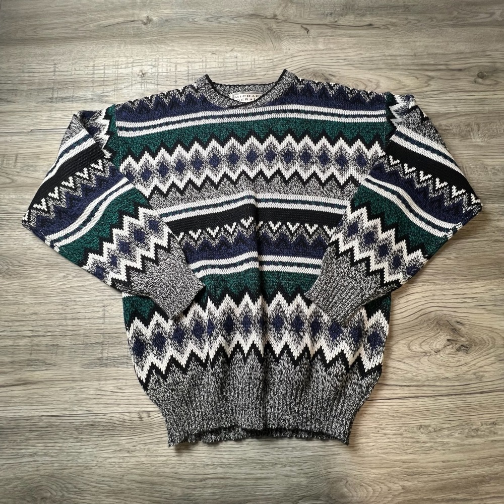 Michael Gerald Sweater Mens Large L Multicolor Fair Isle Geometric Vintage 90s